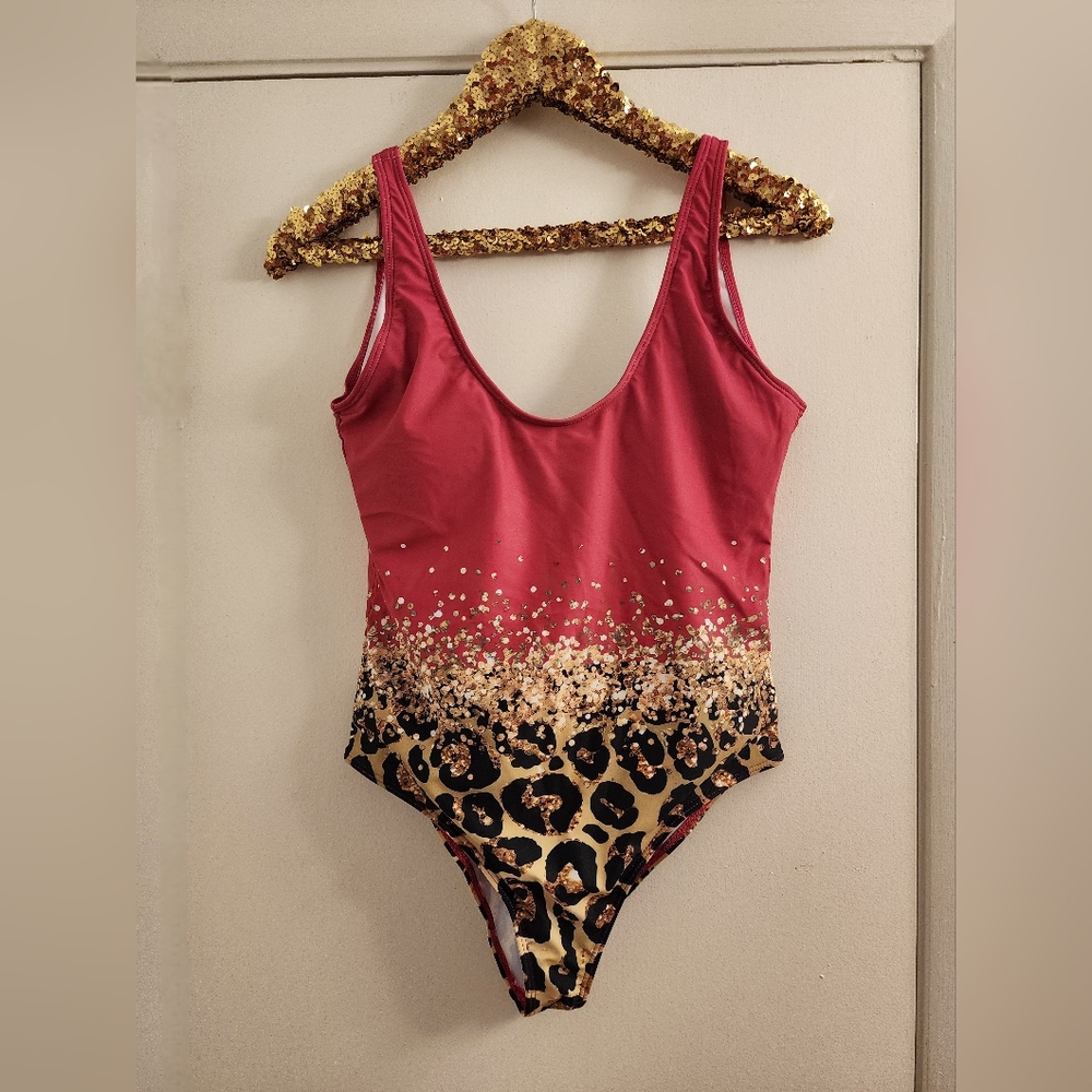 Pink & Leopard Print One-Piece Swimsuit with Glitter Accent – Size L